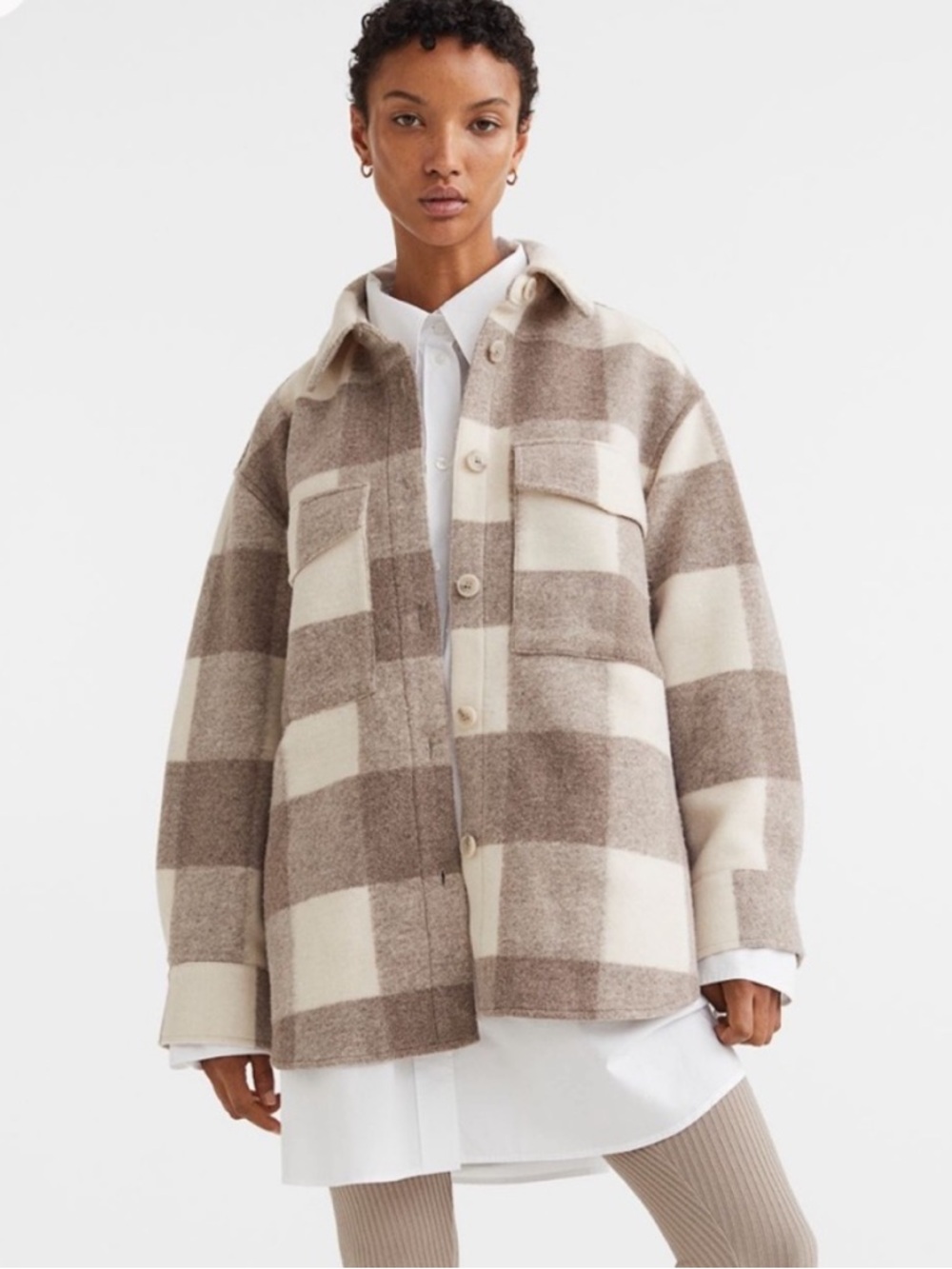 H&M Oversized Checked Shacket in Cream & Beige